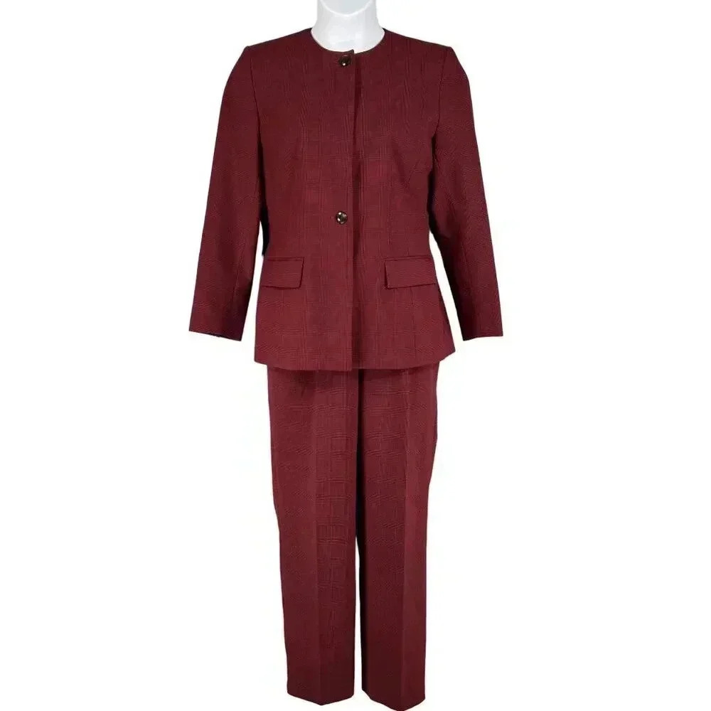Sag Harbour Herringbone Power Suit Set Womens 8 Lined Burgundy Business Casual
